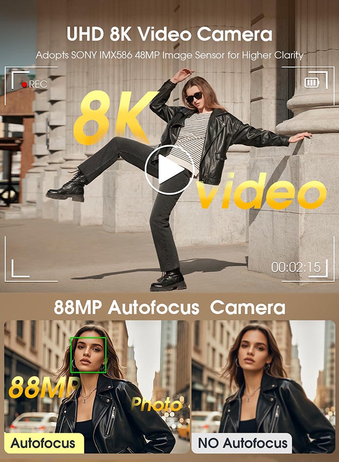 ماركة غير محددة كاميرات رقمية 8K للتصوير الفوتوغرافي، كاميرا فيديو 88 ميجابكسل واي فاي مع ضبط تلقائي للصورة لـ TikTok مع عدسة مزدوجة، فلاش، تكبير رقمي 16X، كاميرا فيديو مع غطاء عدسة، بطاقة TF سعة 128 جيجابايت  - Image 3