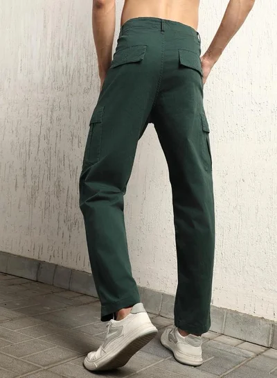 Hubberholme Men's Forest Green Cotton Blend Solid Pattern Full Length Cargo Relaxed Trouser