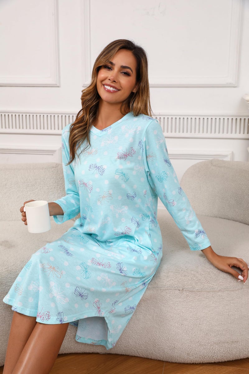 PNAEONG Nightgowns for Women Soft Cotton Long Sleeve Night Gowns Adult Sleepwear V Neck Casual Nightshirt Comfy Loungewear Sleepshirts Knit Print House Nightdress with Pockets Dragonfly-XL - Image 5