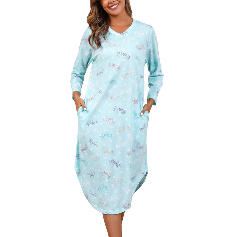 PNAEONG Nightgowns for Women Soft Cotton Long Sleeve Night Gowns Adult Sleepwear V Neck Casual Nightshirt Comfy Loungewear Sleepshirts Knit Print House Nightdress with Pockets Dragonfly-XL - Image 1