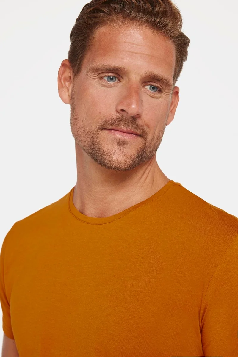 Tudors Men's Slim Fit Slim Cut Cotton Soft Texture Flexible Fabric Plain Basic Tan Crew Neck T-Shirt