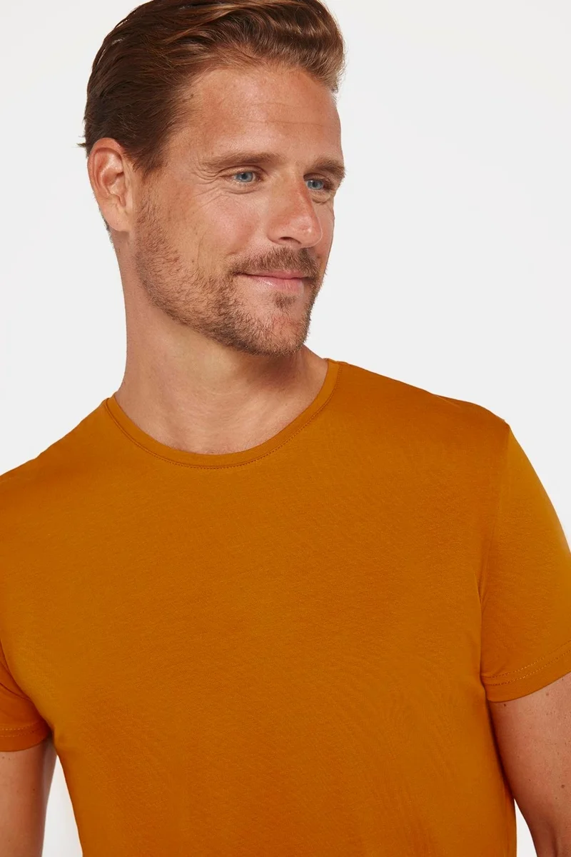 Tudors Men's Slim Fit Slim Cut Cotton Soft Texture Flexible Fabric Plain Basic Tan Crew Neck T-Shirt