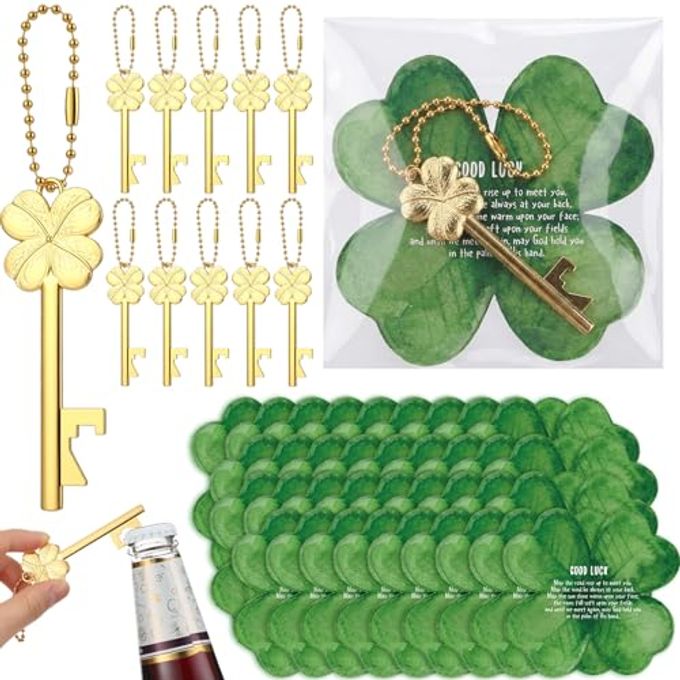 Vesici 30 Sets St. Patrick's Day Gifts Four-leaf Clover Shaped Bottle Openers Keychain with Lucky Four-leaf Clover Cards Irish Party Favor Good Luck for Guests Coworker Employee Family (Gold)