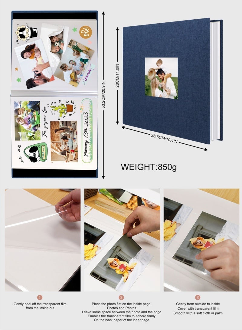 Arabest Large Photo Album Scrapbook with Window, Linen Self Adhesive Scrapbook Album, Wedding Anniversary Birthday Valentines Day, 28cm x 27cm 40 Blank Pages Memory Book with A Metallic Pen Blue - Image 3