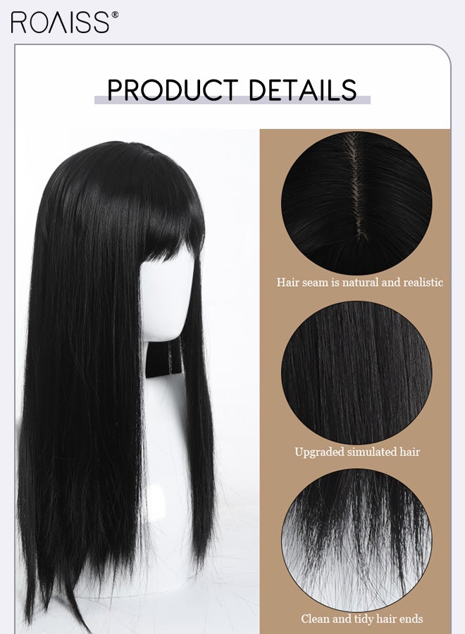رويس باروكة شعر مستعار طويل مستقيم أسود طبيعي للنساء مع غرة، باروكة شعر مستعار من ألياف صناعية ناعمة طبيعية مقاومة للحرارة، مناسبة لحفلات الزفاف والتنكر والارتداء اليومي، 60 سم (23.62 بوصة) - Image 4
