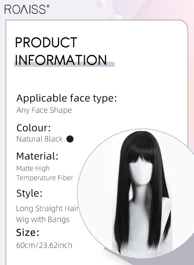 رويس باروكة شعر مستعار طويل مستقيم أسود طبيعي للنساء مع غرة، باروكة شعر مستعار من ألياف صناعية ناعمة طبيعية مقاومة للحرارة، مناسبة لحفلات الزفاف والتنكر والارتداء اليومي، 60 سم (23.62 بوصة) - Image 3