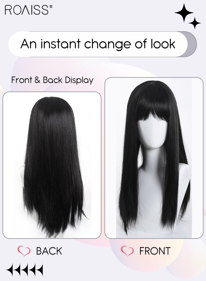 رويس باروكة شعر مستعار طويل مستقيم أسود طبيعي للنساء مع غرة، باروكة شعر مستعار من ألياف صناعية ناعمة طبيعية مقاومة للحرارة، مناسبة لحفلات الزفاف والتنكر والارتداء اليومي، 60 سم (23.62 بوصة) - Image 2