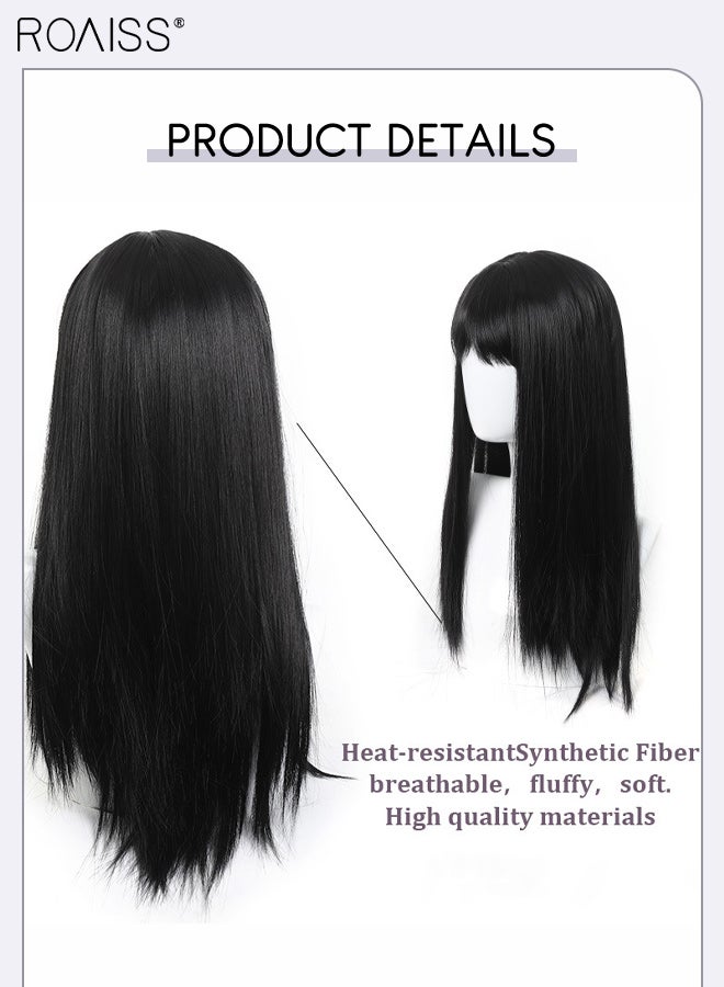رويس باروكة شعر مستعار طويل مستقيم أسود طبيعي للنساء مع غرة، باروكة شعر مستعار من ألياف صناعية ناعمة طبيعية مقاومة للحرارة، مناسبة لحفلات الزفاف والتنكر والارتداء اليومي، 60 سم (23.62 بوصة) - Image 5