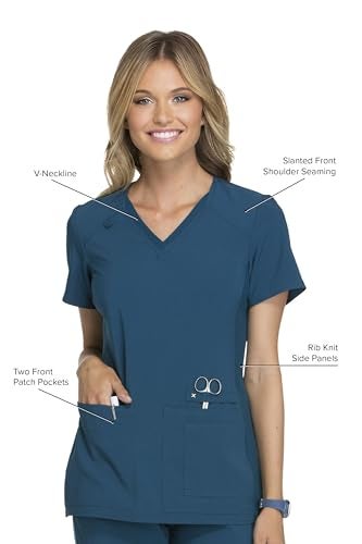 Cherokee Women's Iflex V-Neck Knit Panel Top, Caribbean Blue, 3XL - Image 2