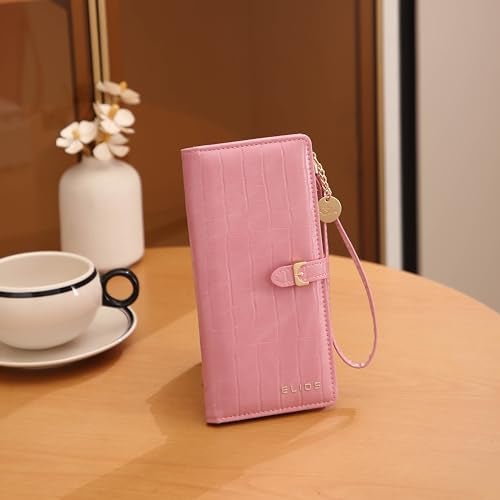 Elios Women Long Wallet Croc-Embossed PU Leather Wallet Zip Purse Multifunction Organizer Card Holder Clutch with Phone Pocket (Pink) - Image 3