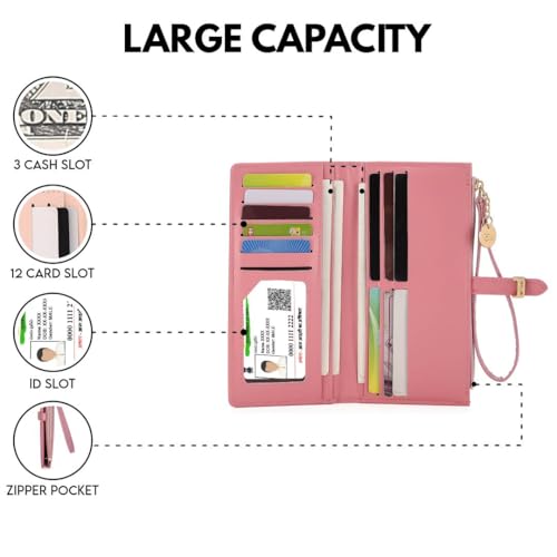 Elios Women Long Wallet Croc-Embossed PU Leather Wallet Zip Purse Multifunction Organizer Card Holder Clutch with Phone Pocket (Pink) - Image 5