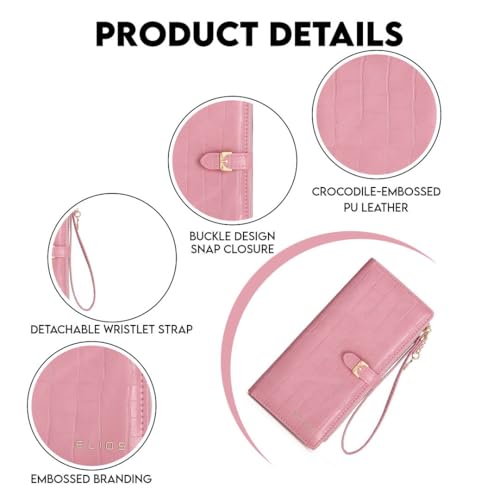 Elios Women Long Wallet Croc-Embossed PU Leather Wallet Zip Purse Multifunction Organizer Card Holder Clutch with Phone Pocket (Pink) - Image 4