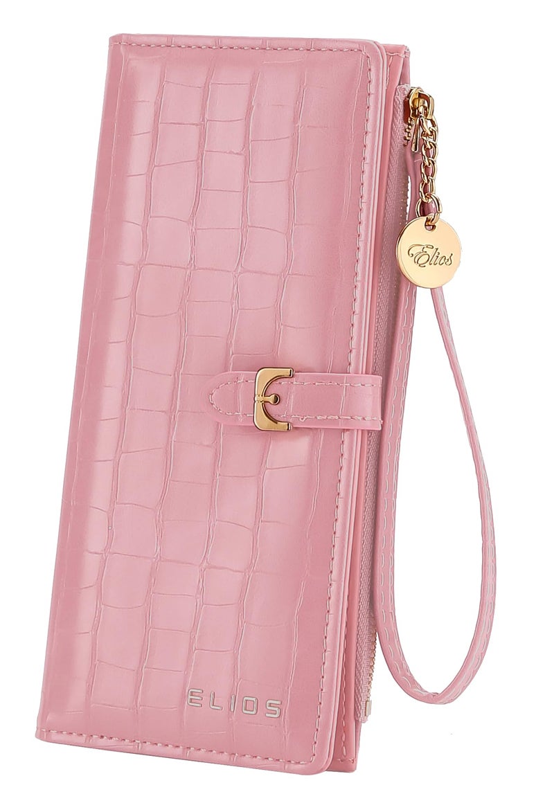 Elios Women Long Wallet Croc-Embossed PU Leather Wallet Zip Purse Multifunction Organizer Card Holder Clutch with Phone Pocket (Pink) - Image 1