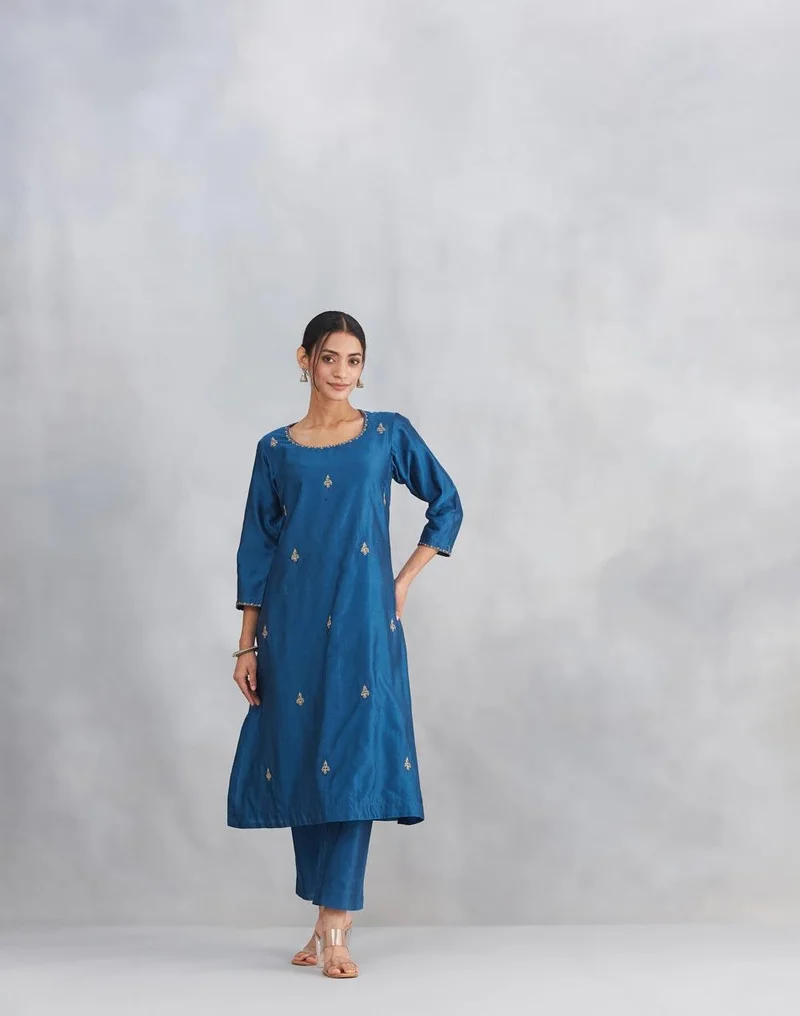 Fabindia Blue Cotton Silk Embroidered Kurta Set