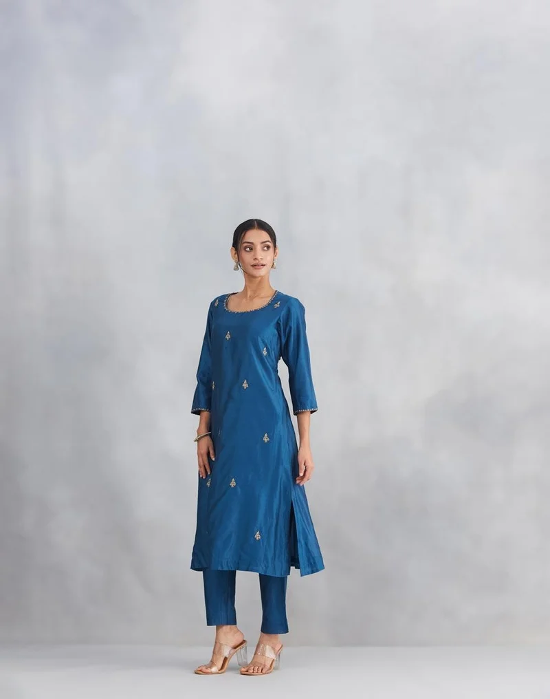 Fabindia  Blue Cotton Silk Embroidered Kurta Set for Women | Best Price UAE
