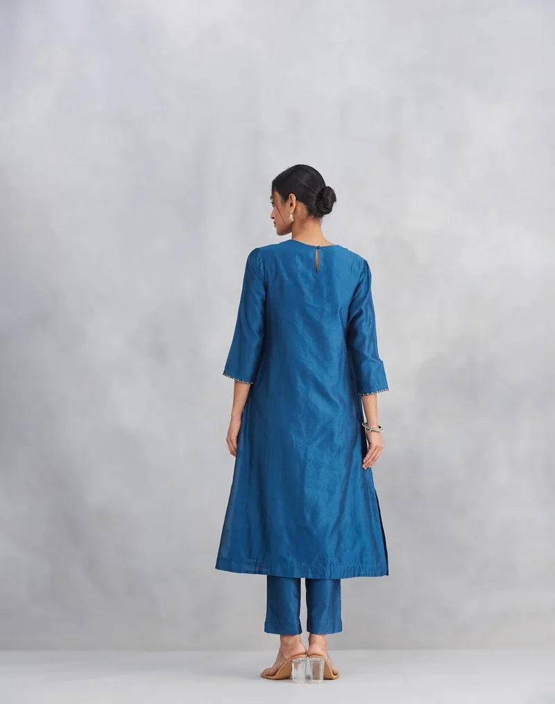 Fabindia  Blue Cotton Silk Embroidered Kurta Set for Women | Best Price UAE