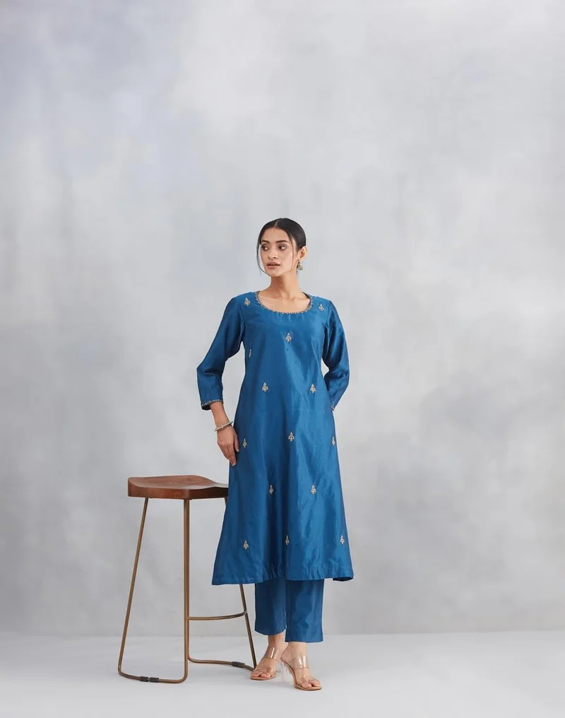 Fabindia Blue Cotton Silk Embroidered Kurta Set