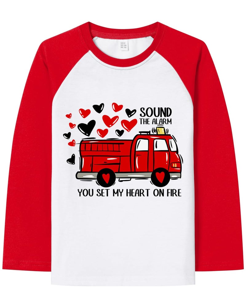 Geoyune Valentines Shirt Toddler Boy Girl Loads of Love Fire Truck Heart Raglan Tee Tops Outfit 6 Years - Image 1