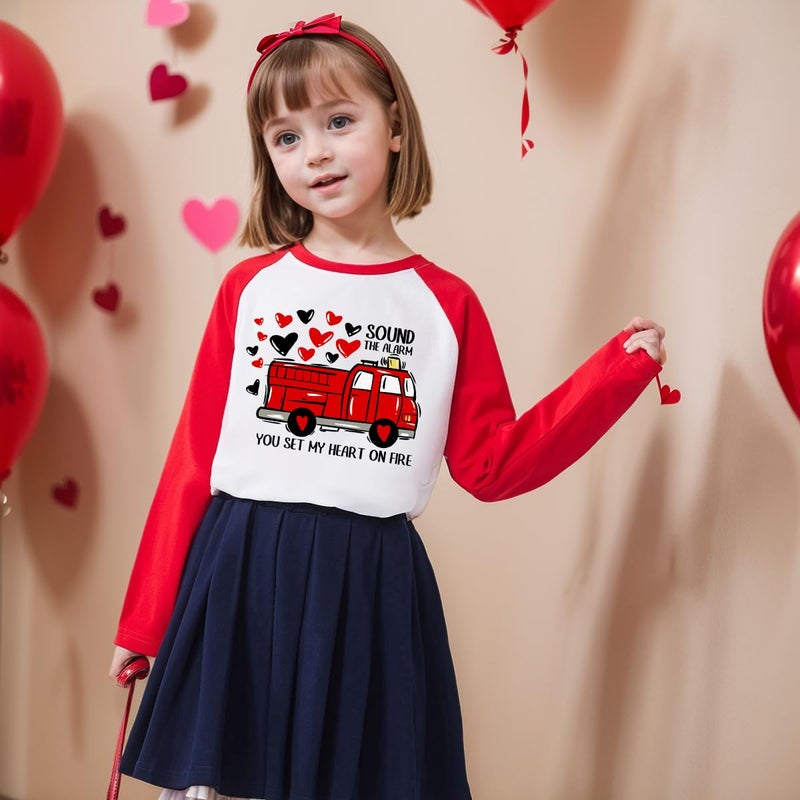 Geoyune Valentines Shirt Toddler Boy Girl Loads of Love Fire Truck Heart Raglan Tee Tops Outfit 6 Years - Image 3