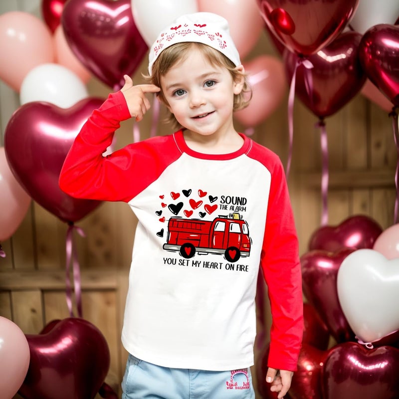 Geoyune Valentines Shirt Toddler Boy Girl Loads of Love Fire Truck Heart Raglan Tee Tops Outfit 6 Years - Image 5