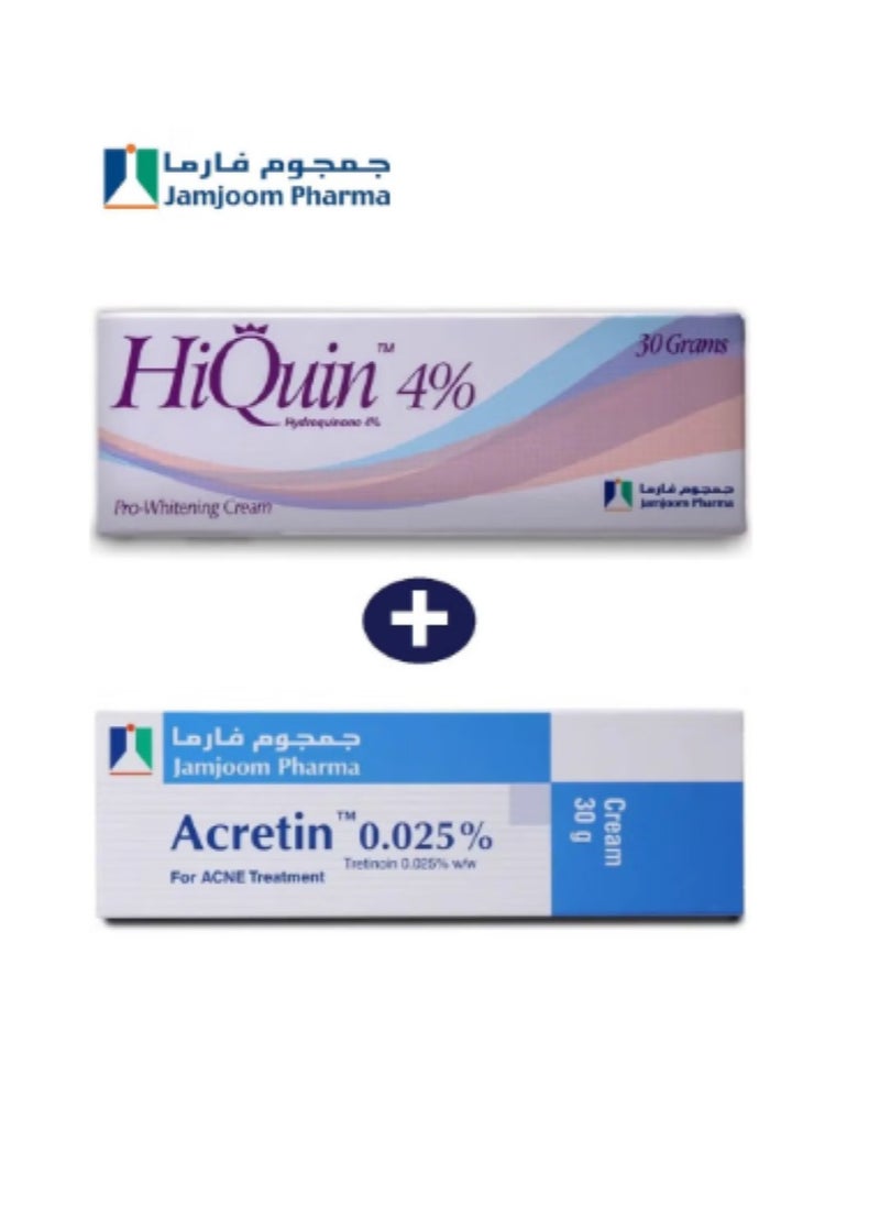 Jamjoom Medical solution Acretin 0.025% Tretinoin Cream 30g + Hi Quin Pro Whitening Acne Treatment 4% Cream 30 gm  - Image 1