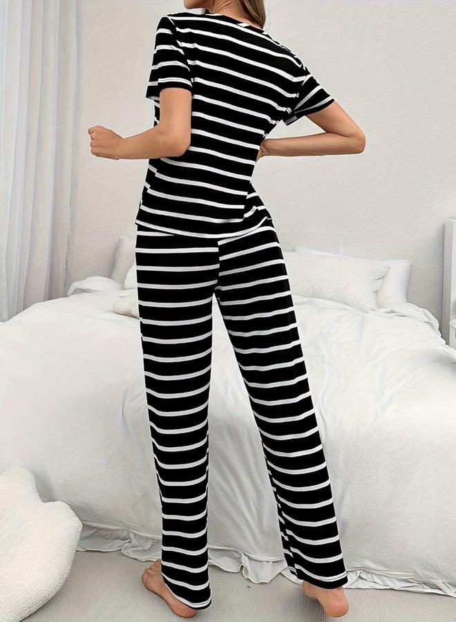 Take Two Black Striped Round Neck T-Shirt and Pyjama Set - Image 2
