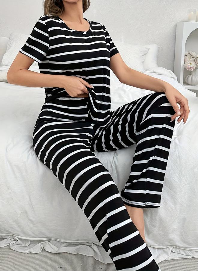Take Two Black Striped Round Neck T-Shirt and Pyjama Set - Image 3