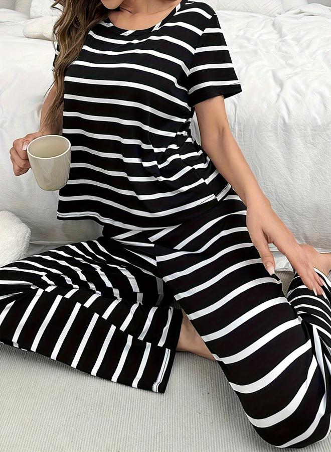Take Two Black Striped Round Neck T-Shirt and Pyjama Set - Image 1