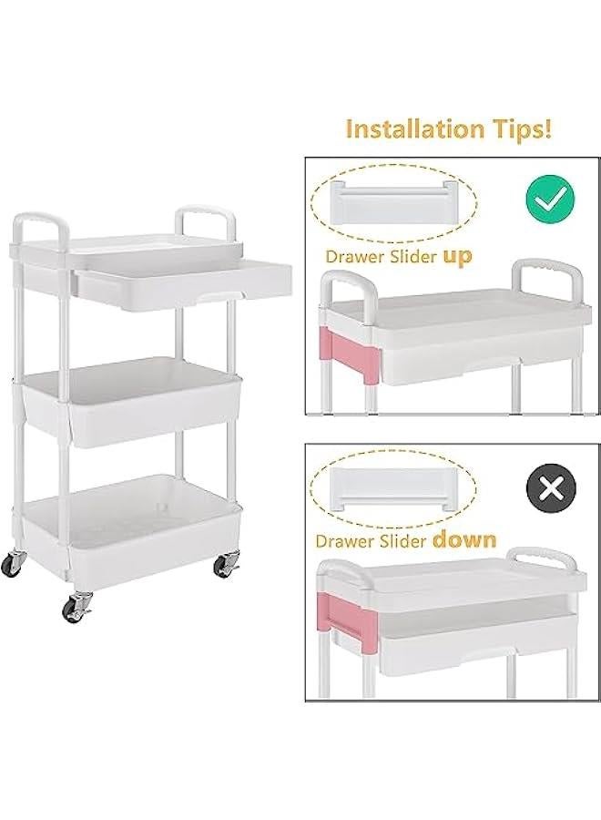 ميكسد درج مع 3-story المتداول عربة العملية ، متعددة الوظائف تخزين مربع مع رف من البلاستيك u0026 عجلات معدنية ، مطبخ ، حمام ، غرفة المعيشة ، مكتب تخزين السيارة ، أبيض ( أبيض - 3 طوابق ) - Image 3