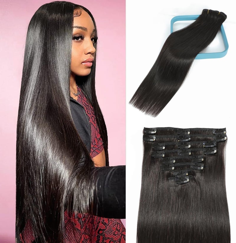 LORIEN Clip in Hair Extensions Real Human Hair 100g/3.6oz Clip in 100% Brazilian Remy Human Hair Extensions 8pcs Per Set with 18 Clips Double Weft (18 Inch, 1B Natural Black Color) - Image 1