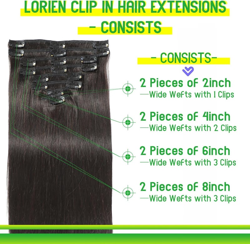 LORIEN Clip in Hair Extensions Real Human Hair 100g/3.6oz Clip in 100% Brazilian Remy Human Hair Extensions 8pcs Per Set with 18 Clips Double Weft (18 Inch, 1B Natural Black Color) - Image 3