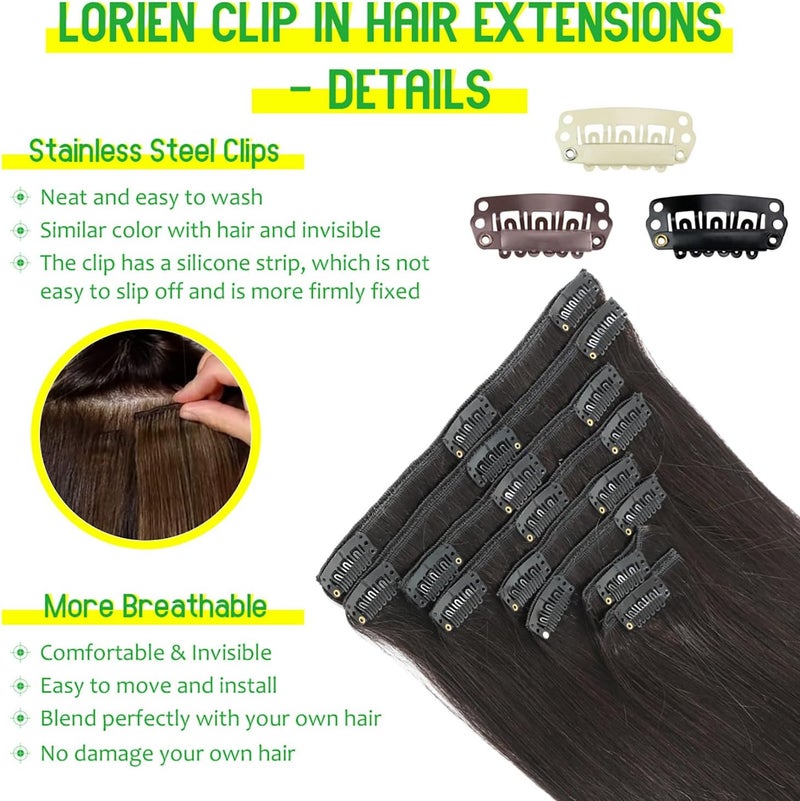 LORIEN Clip in Hair Extensions Real Human Hair 100g/3.6oz Clip in 100% Brazilian Remy Human Hair Extensions 8pcs Per Set with 18 Clips Double Weft (18 Inch, 1B Natural Black Color) - Image 4