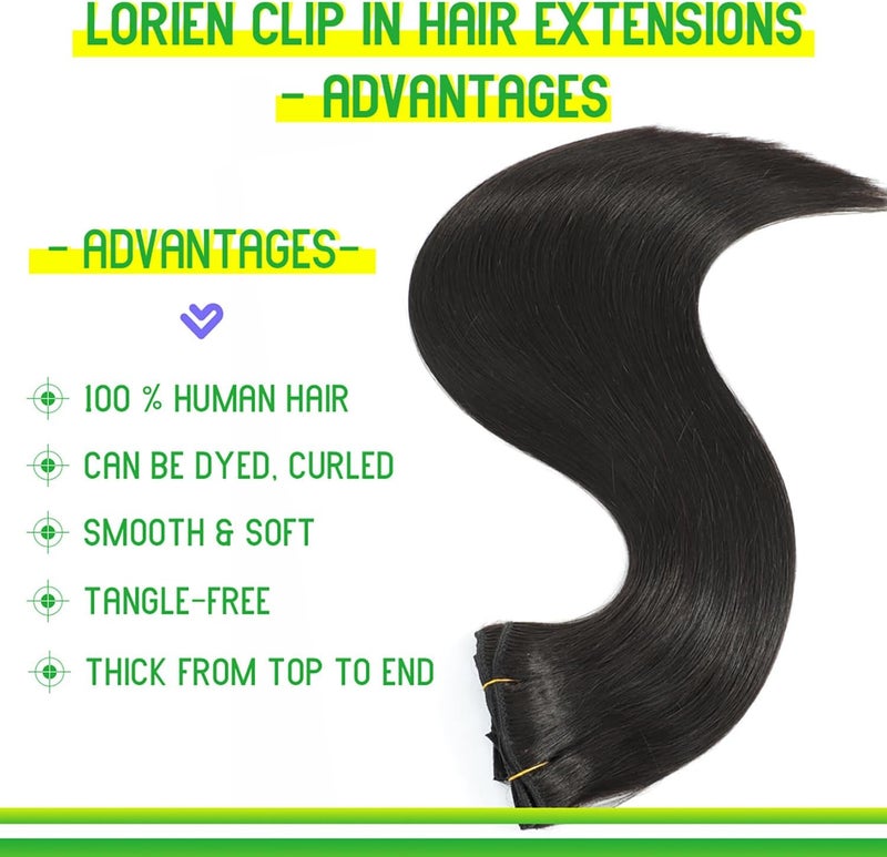 LORIEN Clip in Hair Extensions Real Human Hair 100g/3.6oz Clip in 100% Brazilian Remy Human Hair Extensions 8pcs Per Set with 18 Clips Double Weft (18 Inch, 1B Natural Black Color) - Image 2