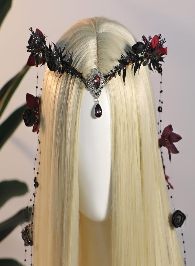 MOSTORY Black Fairy Flower Headpiece - Gothic Floral Headband Dark Elf Crown Medieval Floral Circlet for Witch Oufit Halloween Accessories Women Renaissance Faire Costume Cosplay - Image 4