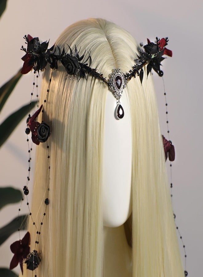 MOSTORY Black Fairy Flower Headpiece - Gothic Floral Headband Dark Elf Crown Medieval Floral Circlet for Witch Oufit Halloween Accessories Women Renaissance Faire Costume Cosplay - Image 5