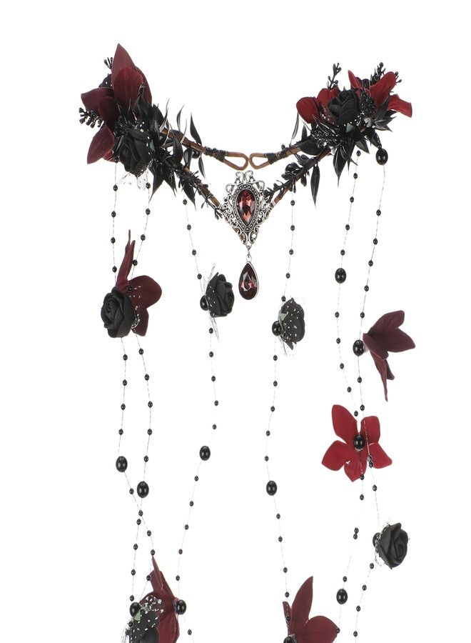 MOSTORY Black Fairy Flower Headpiece - Gothic Floral Headband Dark Elf Crown Medieval Floral Circlet for Witch Oufit Halloween Accessories Women Renaissance Faire Costume Cosplay - Image 1