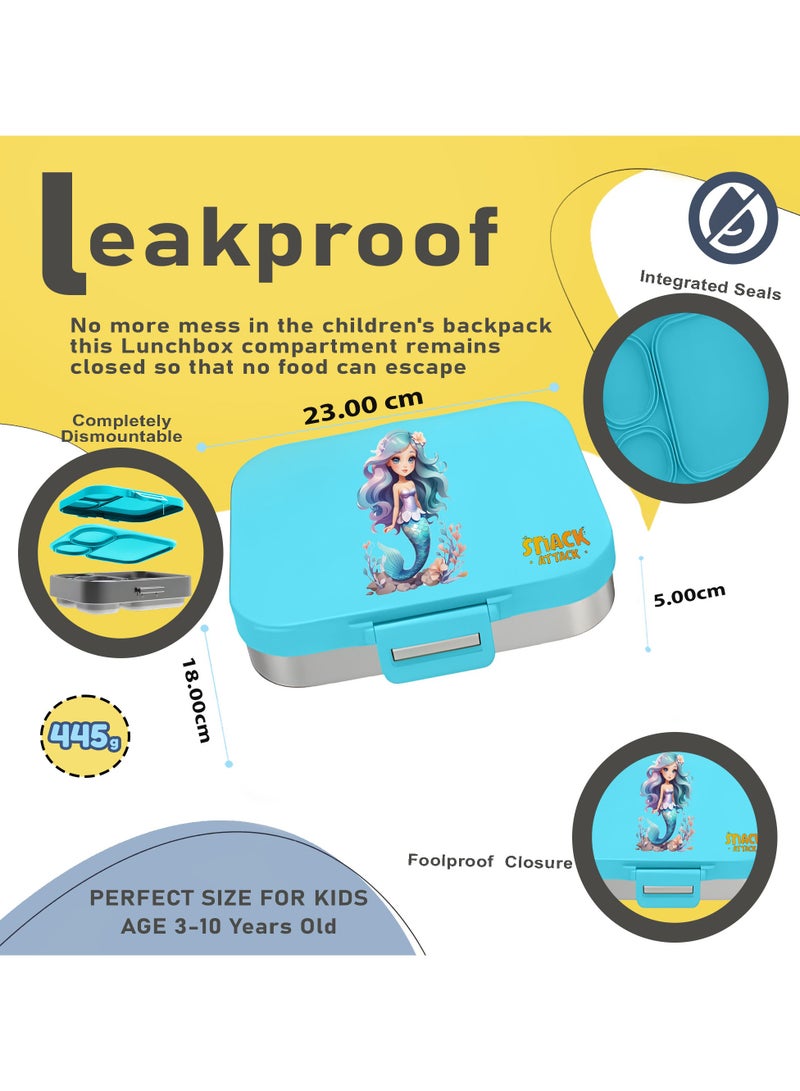 Snack attack Kids Bento Lunch Box  Leakproof 3-Compartment Stainless Steel Lunchbox with Dip Sauce container for Girls – BPA-Free, Cute Cartoon Design, Easy to Open, Ideal for School Aqua Mermaid theme  - Image 3