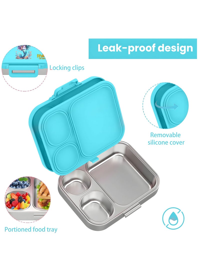 Snack attack Kids Bento Lunch Box  Leakproof 3-Compartment Stainless Steel Lunchbox with Dip Sauce container for Girls – BPA-Free, Cute Cartoon Design, Easy to Open, Ideal for School Aqua Mermaid theme  - Image 4