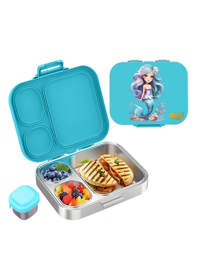 Snack attack Kids Bento Lunch Box  Leakproof 3-Compartment Stainless Steel Lunchbox with Dip Sauce container for Girls – BPA-Free, Cute Cartoon Design, Easy to Open, Ideal for School Aqua Mermaid theme  - Image 1