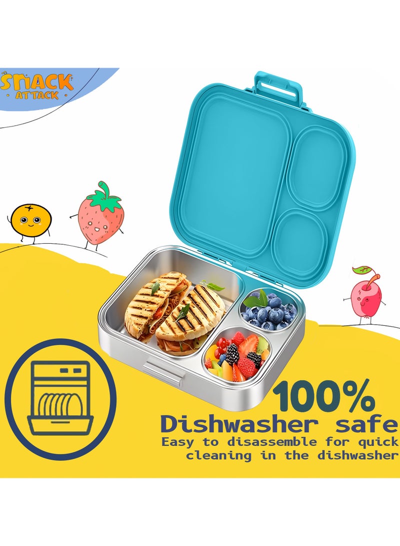 Snack attack Kids Bento Lunch Box  Leakproof 3-Compartment Stainless Steel Lunchbox with Dip Sauce container for Girls – BPA-Free, Cute Cartoon Design, Easy to Open, Ideal for School Aqua Mermaid theme  - Image 2