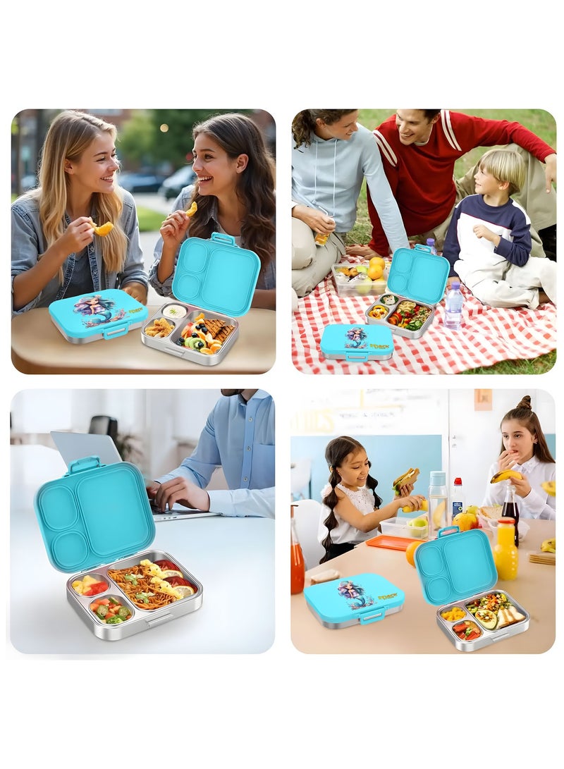 Snack attack Kids Bento Lunch Box  Leakproof 3-Compartment Stainless Steel Lunchbox with Dip Sauce container for Girls – BPA-Free, Cute Cartoon Design, Easy to Open, Ideal for School Aqua Mermaid theme  - Image 5