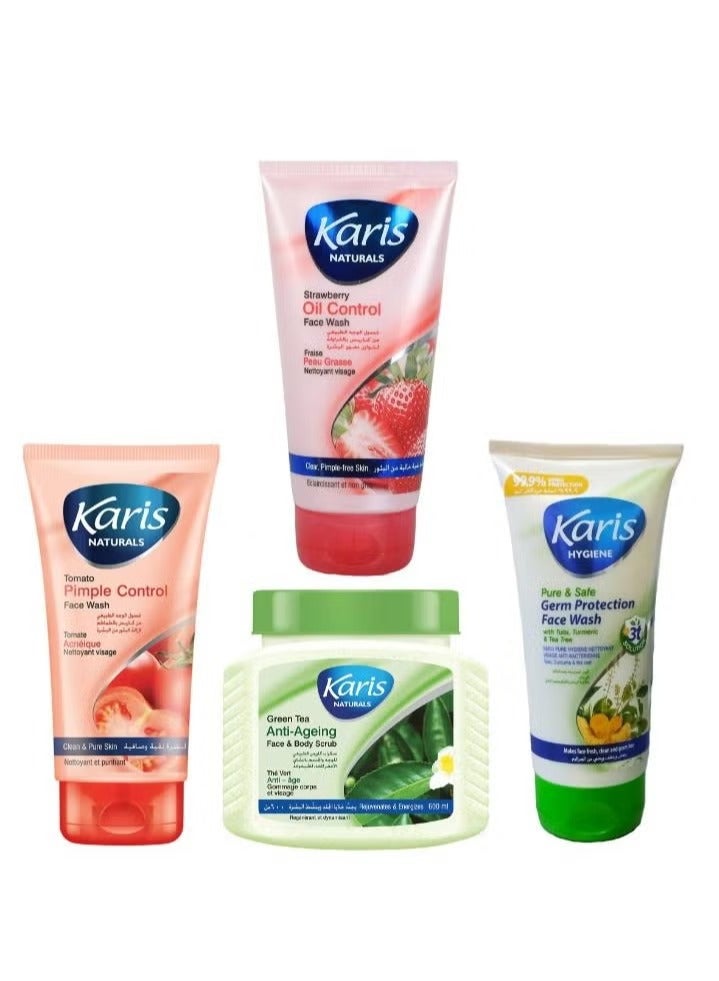KARIS Set of 4 Karis products (  Karis Pimple Control Face Wash ,Tomato , 150ml , Karis Strawberry Oil Control Face Wash 150 ml , Karis Pure & safe Germ Protection Face Wash 150Ml plus Karis Anti-Aging Green Tea Face & Body Scrub, 600ml) - Image 1