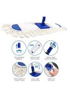 Generic Dust Control Floor Cleaning Mop | Reusable Washable Cotton Flat Mop Head | Wet & Dry Functionality | Long Aluminum Handle | Swivel 360 Rotating Head | Suitable For All Hard Surfaces | 60 CM  - Image 2