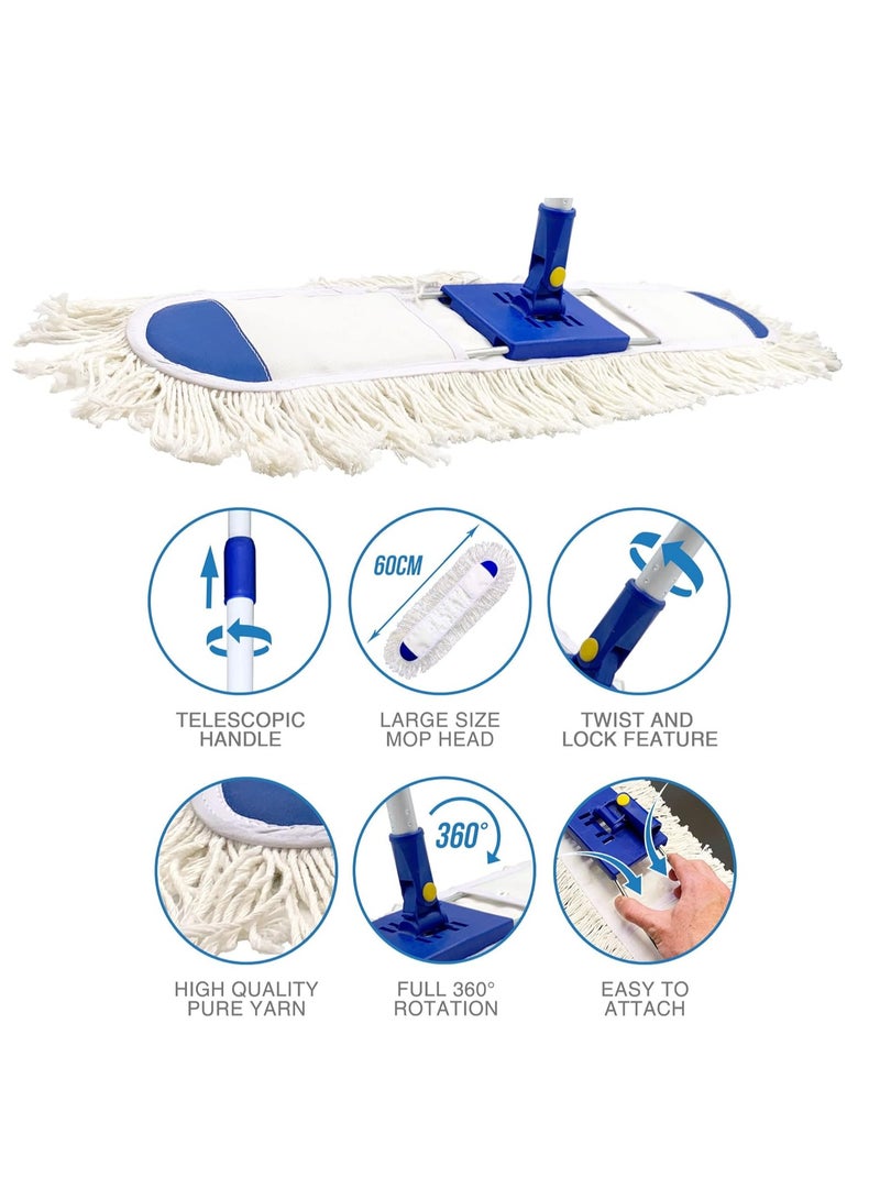 Dust Control Floor Cleaning Mop | Reusable Washable Cotton Flat Mop Head | Wet & Dry Functionality | Long Aluminum Handle | Swivel 360 Rotating Head | Suitable For All Hard Surfaces | 60 CM - Image 2
