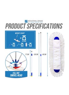 Generic Dust Control Floor Cleaning Mop | Reusable Washable Cotton Flat Mop Head | Wet & Dry Functionality | Long Aluminum Handle | Swivel 360 Rotating Head | Suitable For All Hard Surfaces | 60 CM  - Image 3