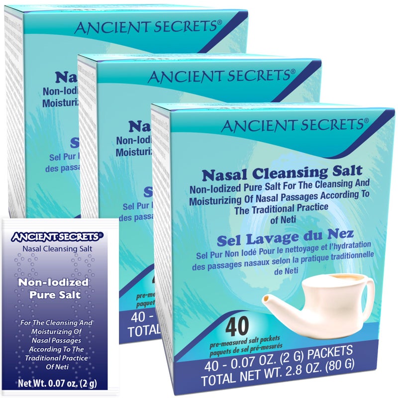 Ancient Secrets Nasal Cleansing Salt NonIodized 3Pack USPGrade Sodium Chloride 40 PreMeasured Packets per Box for Any Neti Pot Sinus Irrigation System Bonus Pack