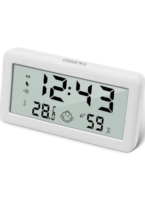 Thermometer Hygrometer Clock, Multifunction Digital Alarm Clock with Temperature and Humidity Monitor and Comfort Indicator for Home Baby Office Garden White