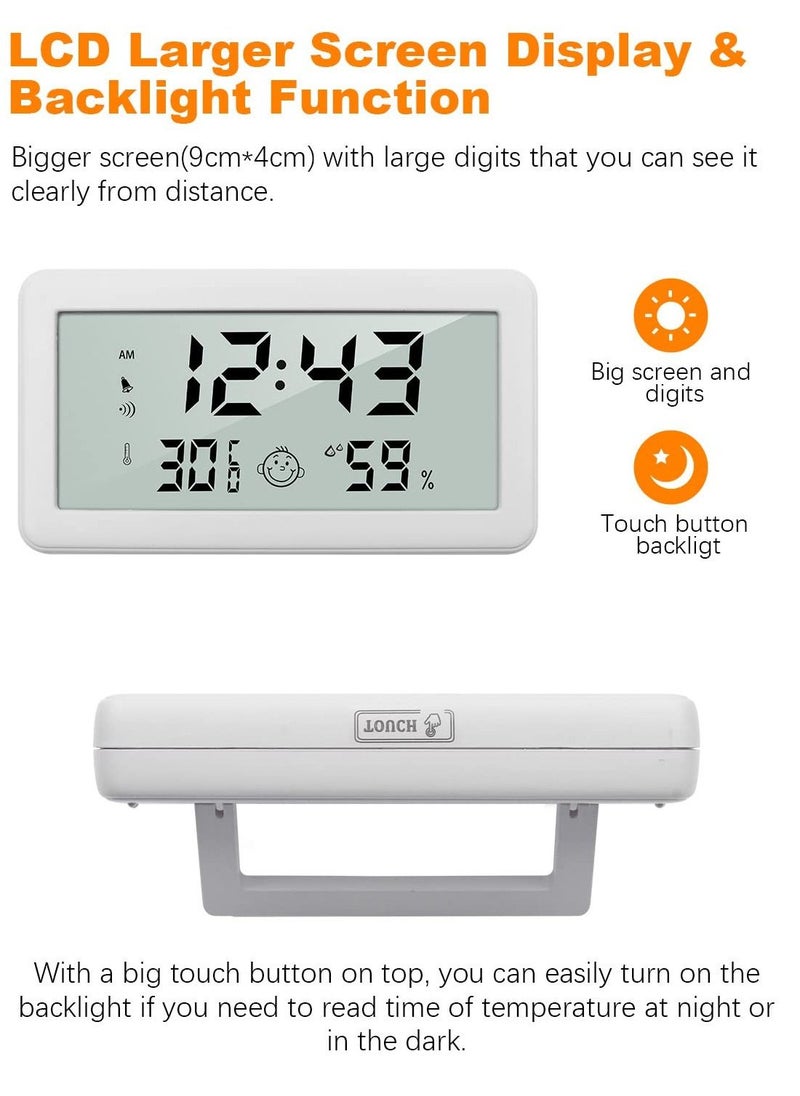 Thermometer Hygrometer Clock, Multifunction Digital Alarm Clock with Temperature and Humidity Monitor and Comfort Indicator for Home Baby Office Garden White