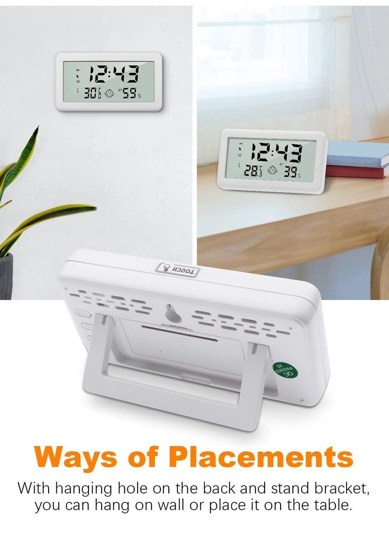 Thermometer Hygrometer Clock, Multifunction Digital Alarm Clock with Temperature and Humidity Monitor and Comfort Indicator for Home Baby Office Garden White