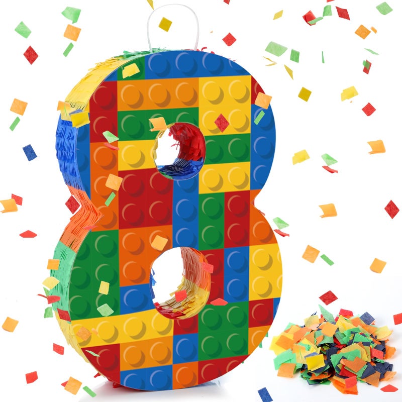 RoundFunny Number 8 Building Blocks Piata 165 Inch Party Supplies 8th Birthday Party Decorations Piata with Confetti Blocks Theme Fiesta Anniversary Celebration - Image 3